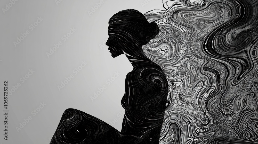 Poster the abstract form of a person sits quietly, featuring flowing lines that resemble hair blending into