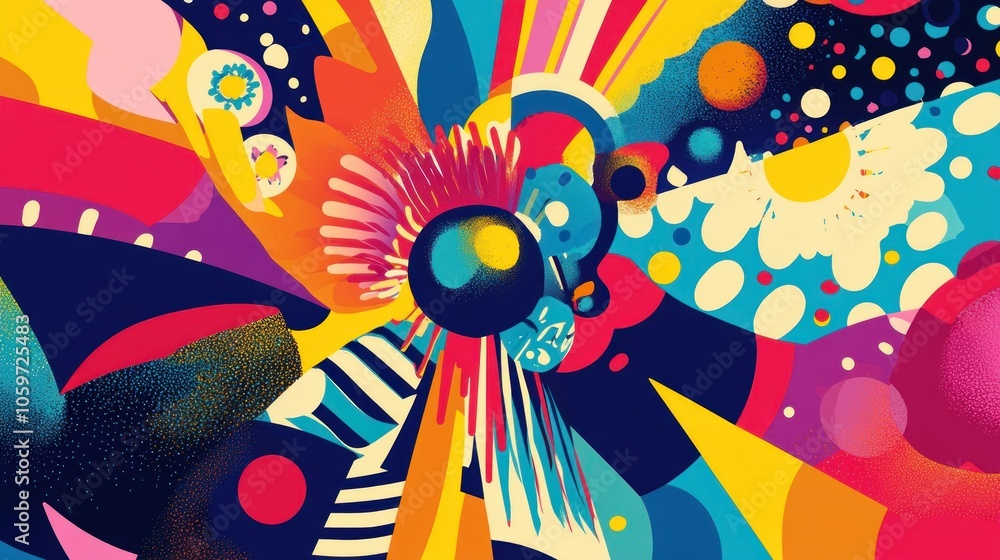 Poster abstract colorful geometric pattern with a burst of color in the center.
