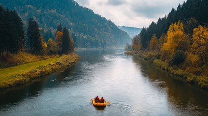 Fototapeta premium Serenity on the River: Autumn Rafting Adventure