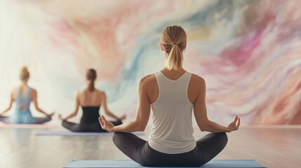 Fototapeta premium Three women in a yoga class sitting in lotus pose with their eyes closed, in a studio with colorful wall.