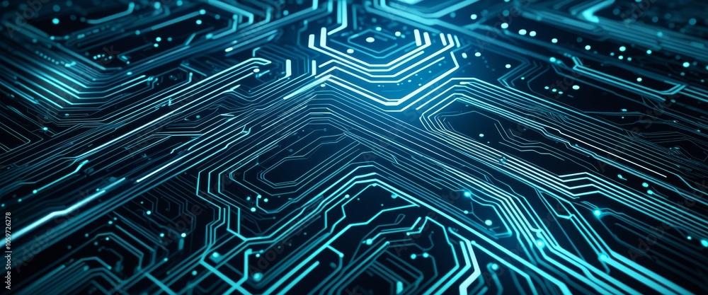 Poster futuristic circuit board with neon blue patterns and electronic pathways