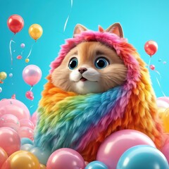 A colorful, fluffy cat surrounded by balloons in a playful, vibrant setting.
