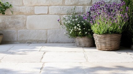 Serene garden scene with limestone tiles and wicker baskets featuring purple and white flowers