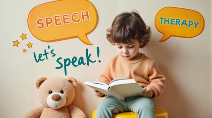 A young child engaged in speech therapy reads a book, showcasing an encouraging learning environment. Ideal for educational content, parenting resources, and speech therapy promotions