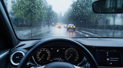 "Rainy Day Drive: Interior View of a Car with Raindrops on the Windshield"
