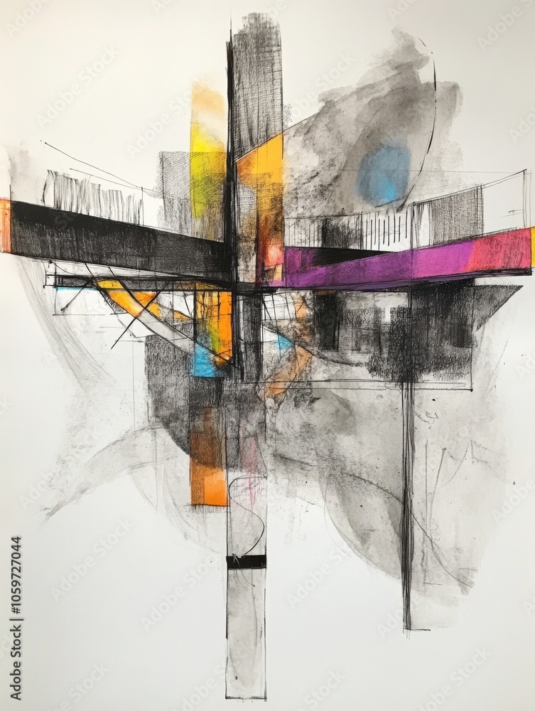Poster a creative abstract representation of a bridge, featuring strong geometric lines and vibrant color c