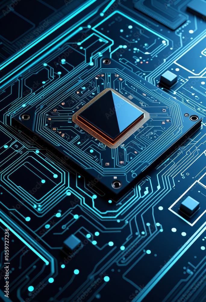 Poster futuristic circuit board design with microchip highlighted by blue neon lines