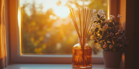Fototapeta premium Aroma reed diffuser with rattan sticks on sunny windowsill creating a relaxing atmosphere in minimalist home decor