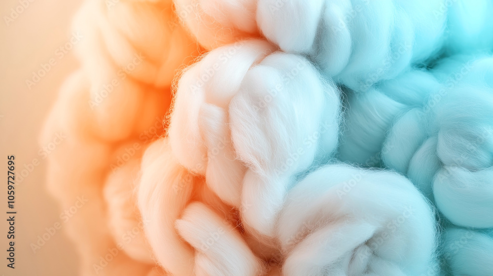 Wall mural close-up of intertwined fluffy wool fibers with gradient colors ranging from orange to blue, showcas