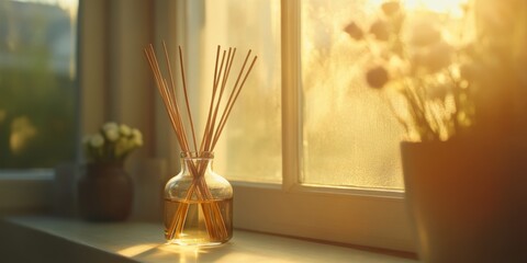 Fototapeta premium Aroma reed diffuser with rattan sticks in a glass bottle on a sunlit window sill creating a relaxing atmosphere in a minimalist home
