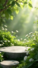 natural background with green plants & small flowers place next to an empty space to display a product to add a lively and aesthetic touch, suitable for displaying natural beauty products