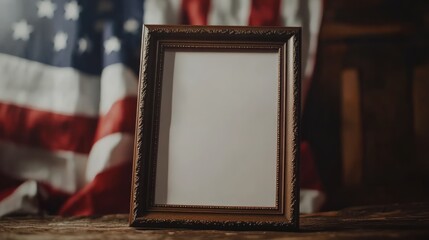 Empty Picture Frame in Front of American Flag
