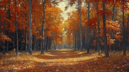 Obraz premium A Pathway Through a Golden Autumn Forest