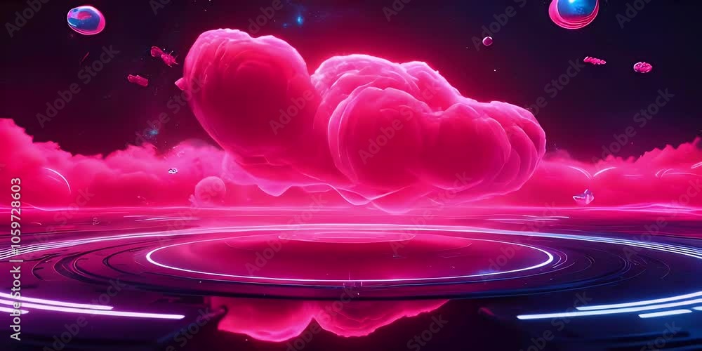 Poster glowing pink cloud formation on a neon platform with floating bubbles against a dark starry backgrou
