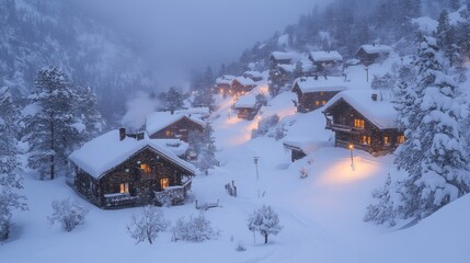 A picturesque mountain village blanketed in fresh snow at twilight, showcasing rustic houses with warmly lit windows amidst serene surroundings.