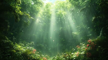 Obraz premium Sunbeams Piercing Through a Lush, Verdant Jungle Canopy