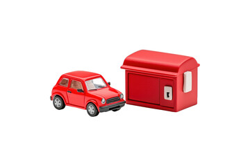 Charming Red Toy Car Next to a Bright Red Mailbox on a Black Background