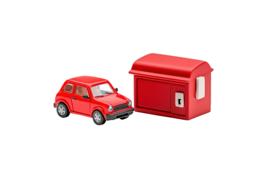 Charming Red Toy Car Next to a Bright Red Mailbox on a Black Background