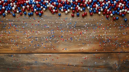Festive Red, White, and Blue Decoration on Rustic Wooden Background