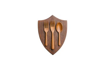 Elegant Wooden Shield Emblem Featuring Fork, Spoon, and Knife Design for Culinary Arts and Dining Decor