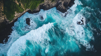Aerial View of Ocean Waves Crashing on Rocks Photo