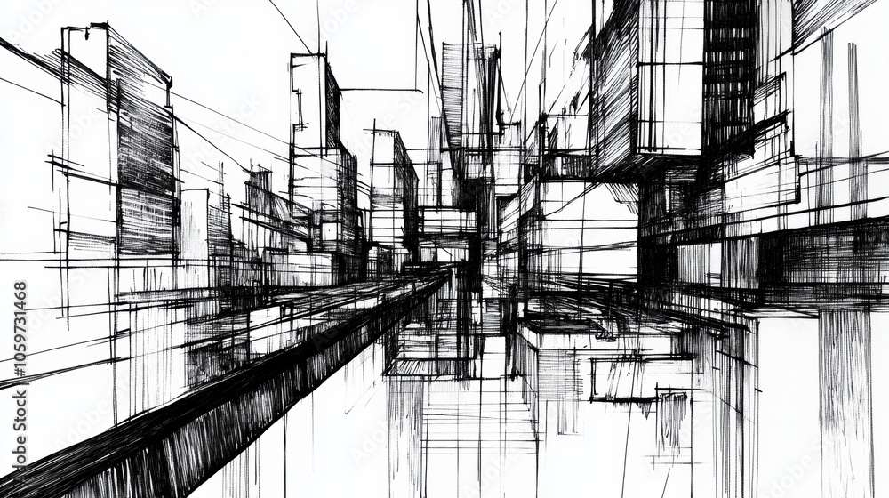 Poster An abstract depiction of an urban landscape illustrates towering structures and dynamic lines, capturing a sense of contemporary city life. Generative AI
