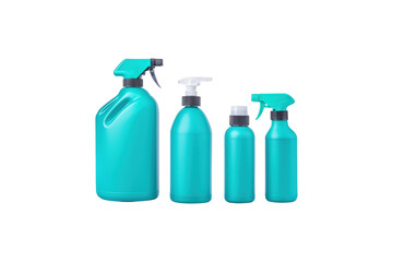 Variety of Turquoise Cleaning Spray Bottles on Black Background for Effective Home Maintenance
