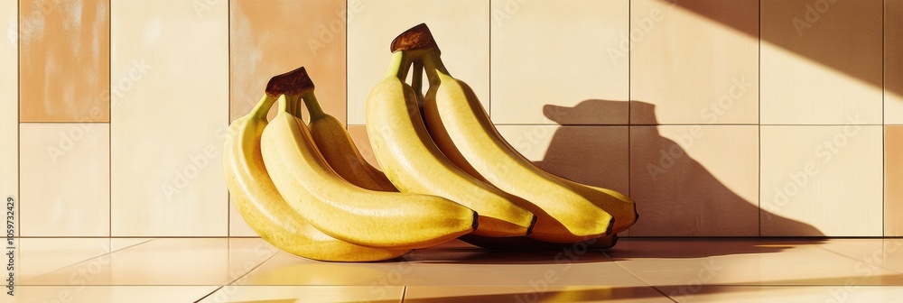 Poster ripe bananas are arranged together on a colorful abstract background, enhancing their vibrant yellow