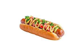 Delicious Gourmet Hot Dog with Fresh Toppings and Mustard on a Soft Bun