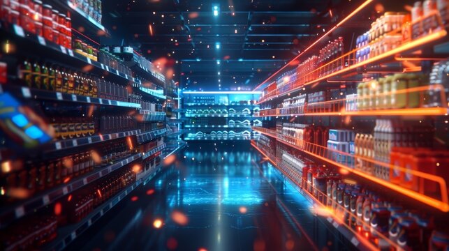 Glowing shelves filled with products create a futuristic supermarket atmosphere, with digital particles floating in the air for a high tech shopping experience