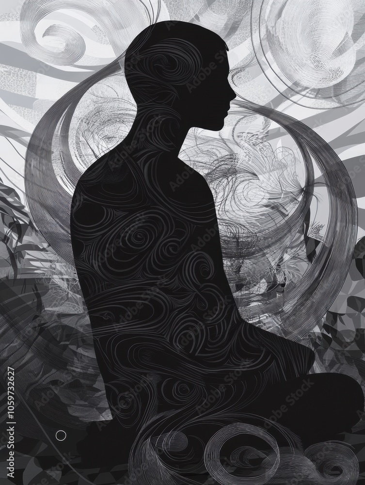 Fototapete a shadowy figure sits in deep thought, enveloped by swirling patterns and textures that signify inne