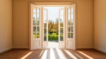 Fototapeta premium An open door with light streaming in, symbolizing new opportunities, high contrast with warm tones, photorealistic