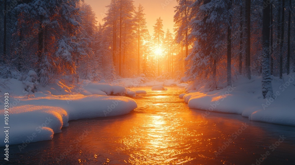Poster soft golden light spills over the snowy landscape as a river weaves through the tranquil forest, ill