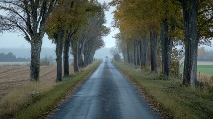 Obraz premium Serene Country Road Flanked by Autumn Trees in Foggy Landscape