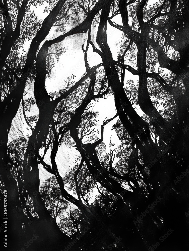 Poster the dense forest with intricate tree details and shifting shadows, evoking a tranquil, natural atmos
