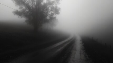 Naklejka premium Mysterious Foggy Road with Silhouette Tree