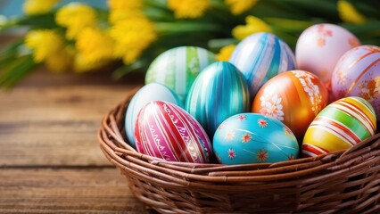 Fototapeta premium A colorful basket of decorated Easter eggs surrounded by vibrant flowers.