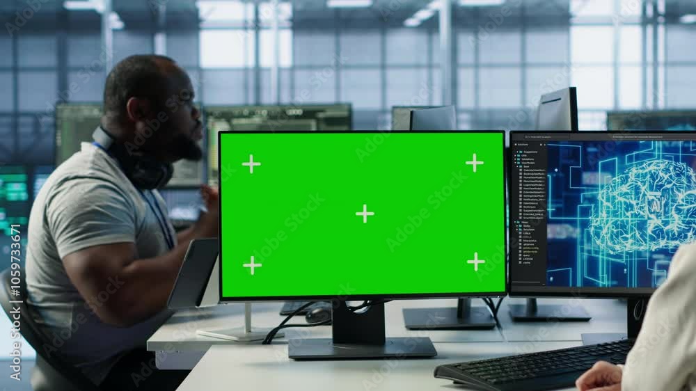 Poster employee working on green screen computer in server hub, using ai to process data. it developer at c