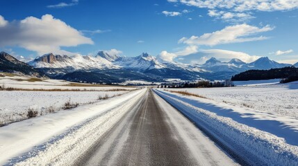 Snow-Covered Road Against a Majestic Mountain Landscape
