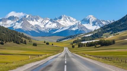 Fototapeta premium Scenic Mountain Road with Snow-Capped Peaks and Lush Greenery