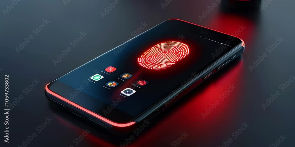 Poster finger touching a smartphone screen with fingerprint scanner on display and red light.