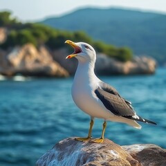 Obraz premium Vocal Seagull Perched on a Rocky Cliff Overlooking a Scenic Ocean Bay