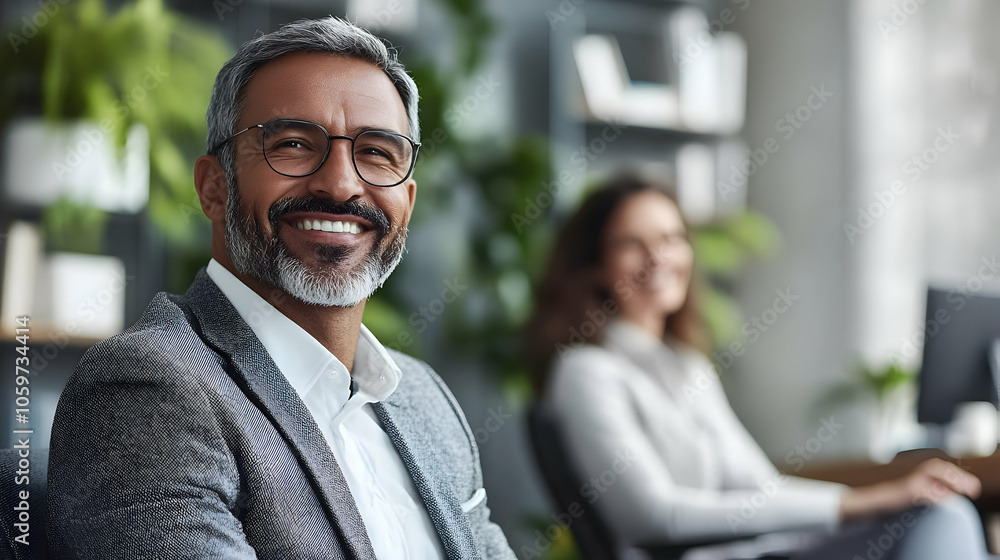 Poster smiling businessman in office setting - realistic image