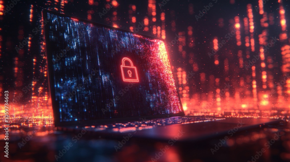 Poster a glowing red padlock icon displayed on a laptop screen against a dark background with digital rain.