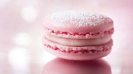 A single pink French macaroon sits gracefully on a smooth surface, showcasing its delicate texture and creamy filling, illuminated by gentle lighting