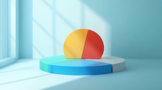 Colorful 3D pie chart in a minimalist room with sunlight, representing data analysis and business growth in a modern setting.
