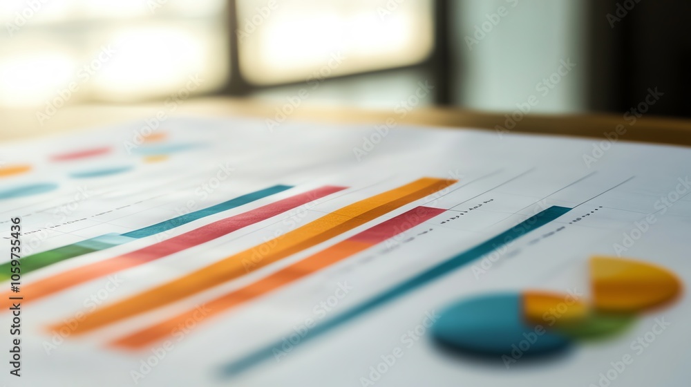 Poster colorful charts and graphs on a desk, illustrating business data analysis and financial reports in a