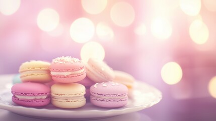 Obraz premium A delightful display of French macarons in various pastel colors rests on a plate, set against a dreamy, softly blurred background, perfect for any sweet occasion