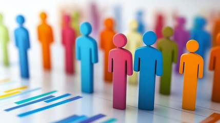 Colorful figures representing diversity stand on a chart, symbolizing teamwork, data analysis, and organizational growth strategies.