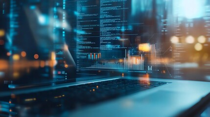 Futuristic laptop with digital interface, coding and data analytics. Concept of technology, innovation, and modern business solutions.